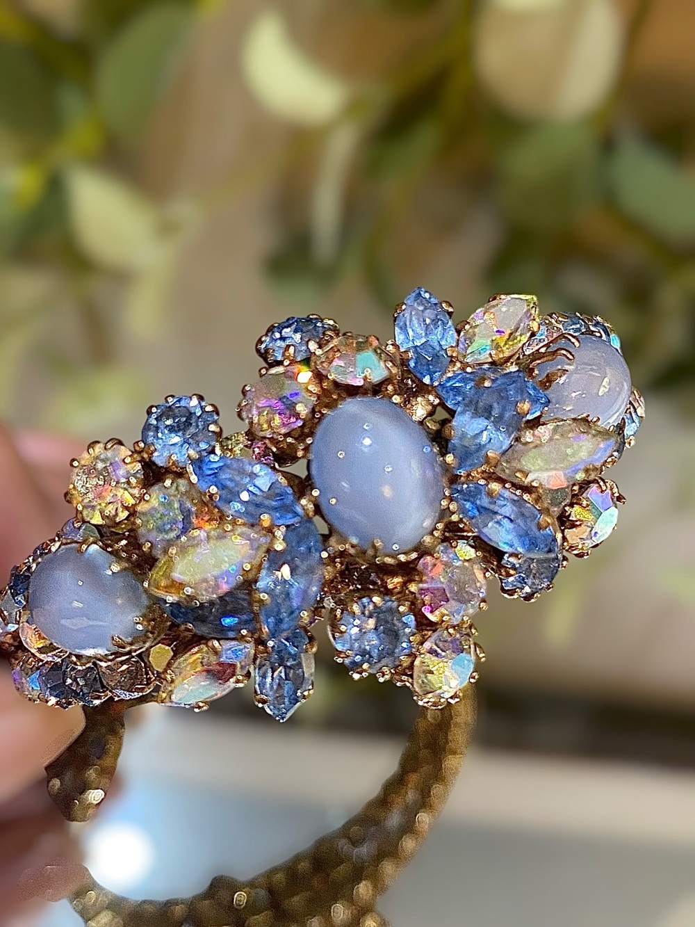 Vintage Schoffel Austria Signed Cluster Cuff Blue Rhinestones Bracelet Cabochons